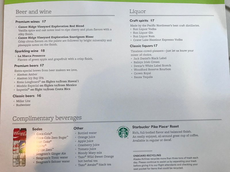 Alaska Airlines Premium Economy Beverage Menu 