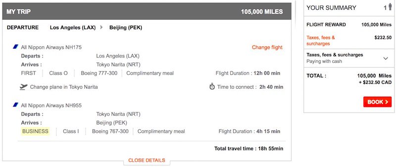 Beijing Using Reward Points - Aeroplan Redemption