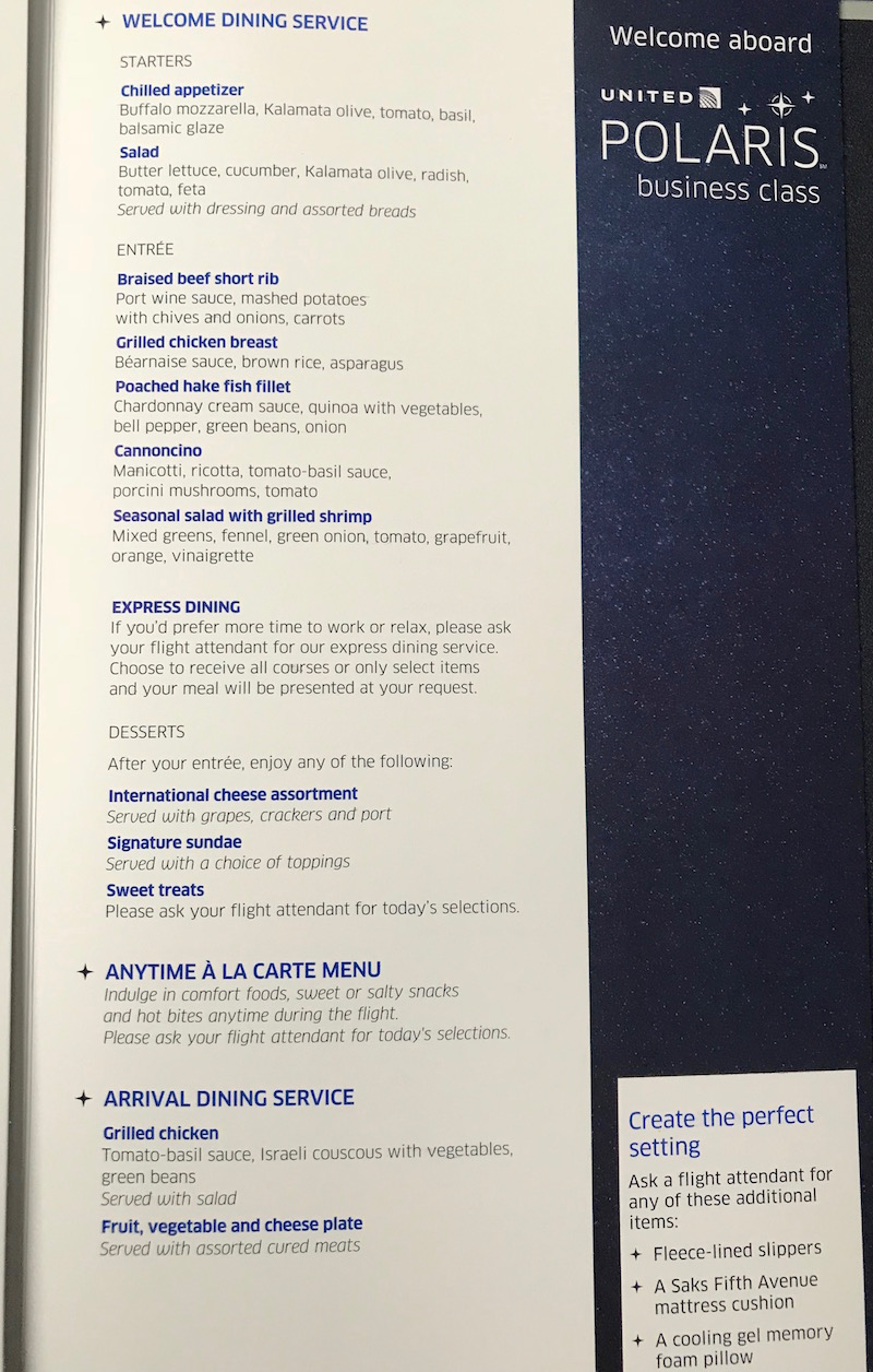 United Airlines Business Class Menu 