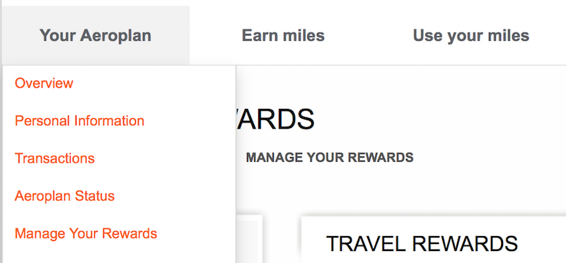 Aeroplan Manage Your Rewards Tab