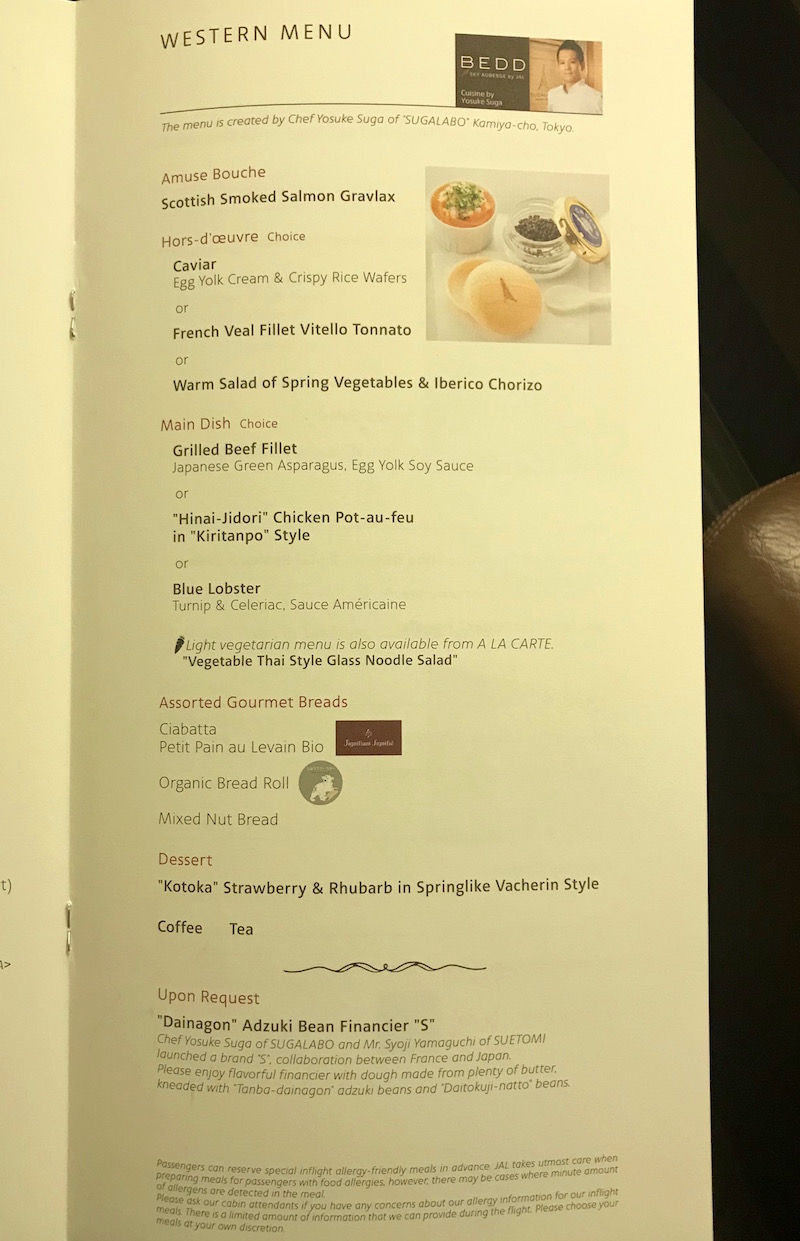 Japan Airlines First Class Menu - Western Option