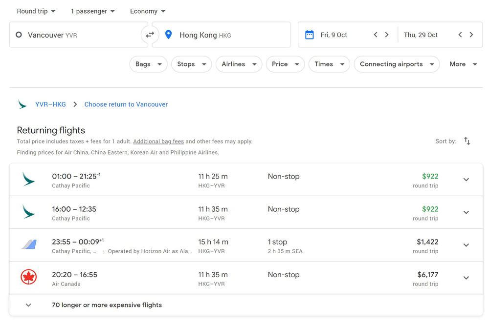 Vancouver to Hong Kong return flight options