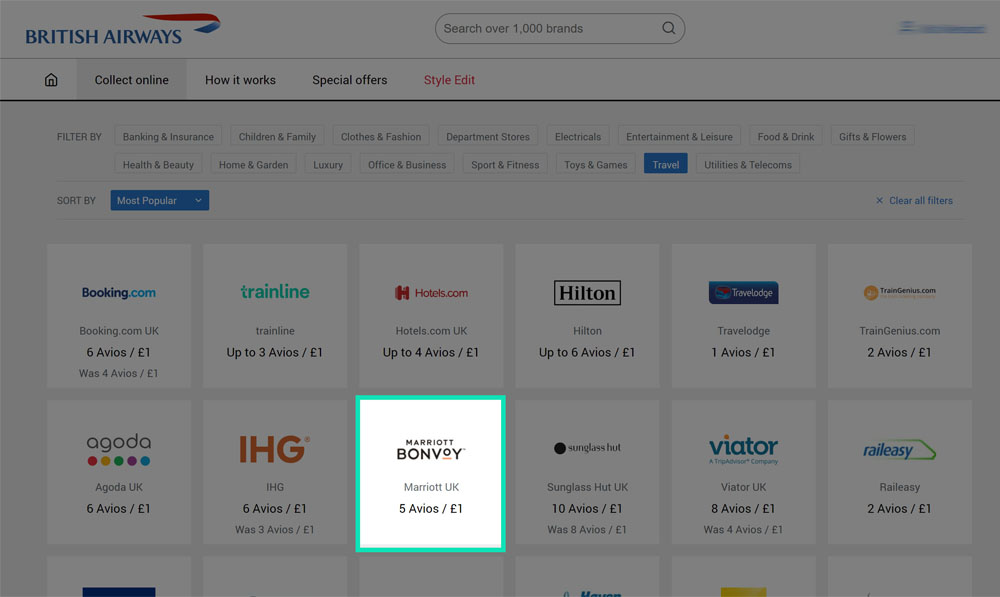 British Airways Avios eStore Marriott