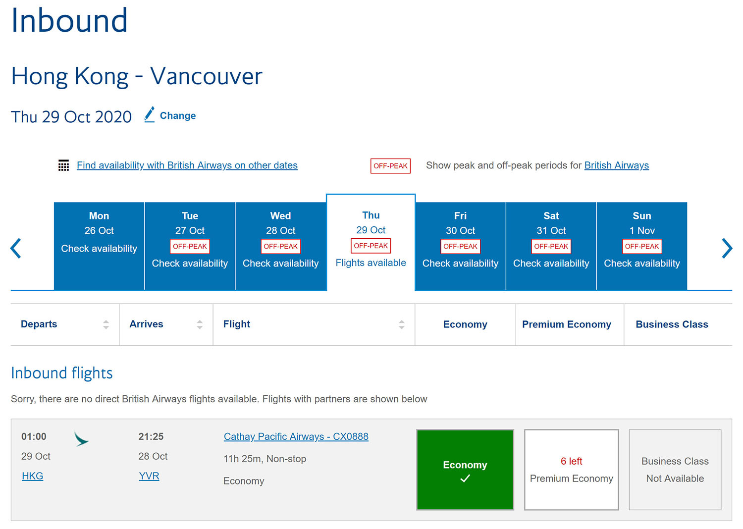 Select your inbound (return) flight - HKG > YVR